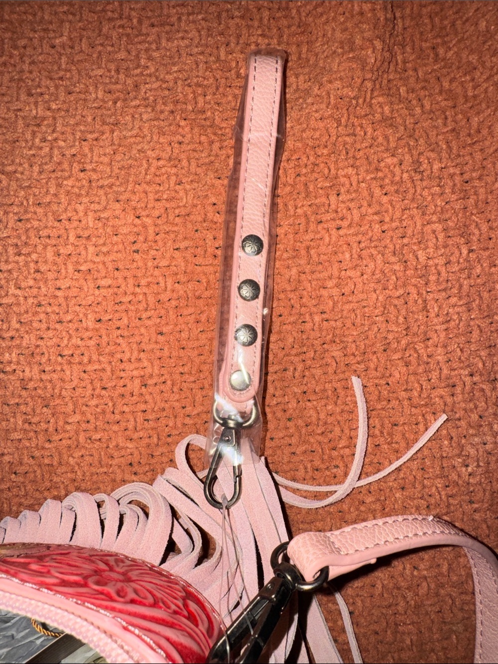 Wrangler Pink Floral Fringe Crossbody Purse with Taupe Fringe - Picture 10 of 12